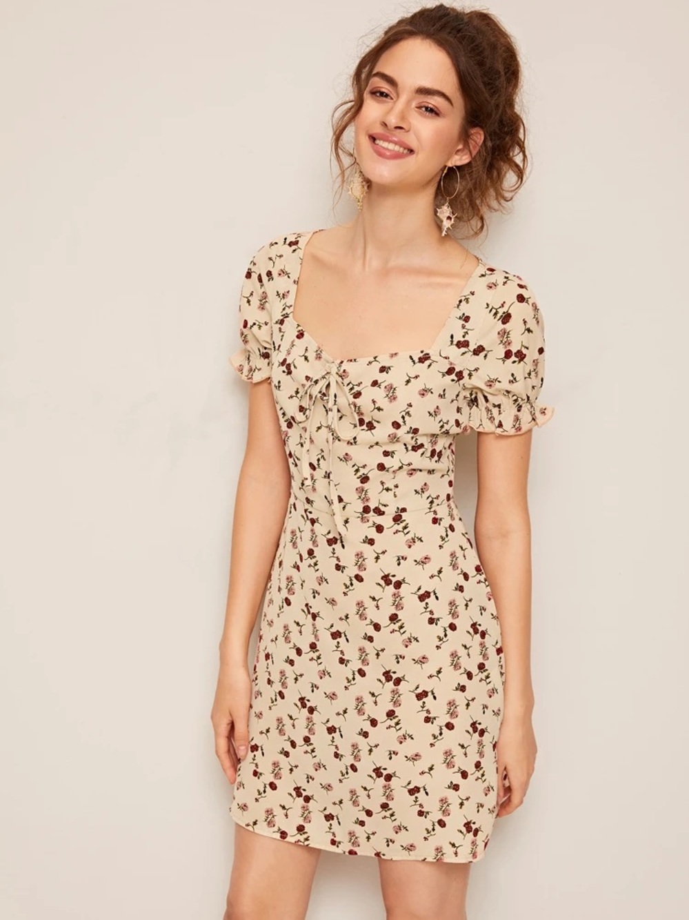 Cream Floral Tie-Front A-Line Dress